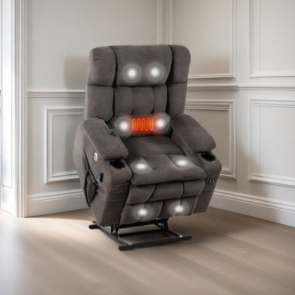 Fauteuil inclinable électrique avec deux moteurs, massage par vibrations à 8 points et chauffage lombaire, deux porte-gobelets et poches latérales