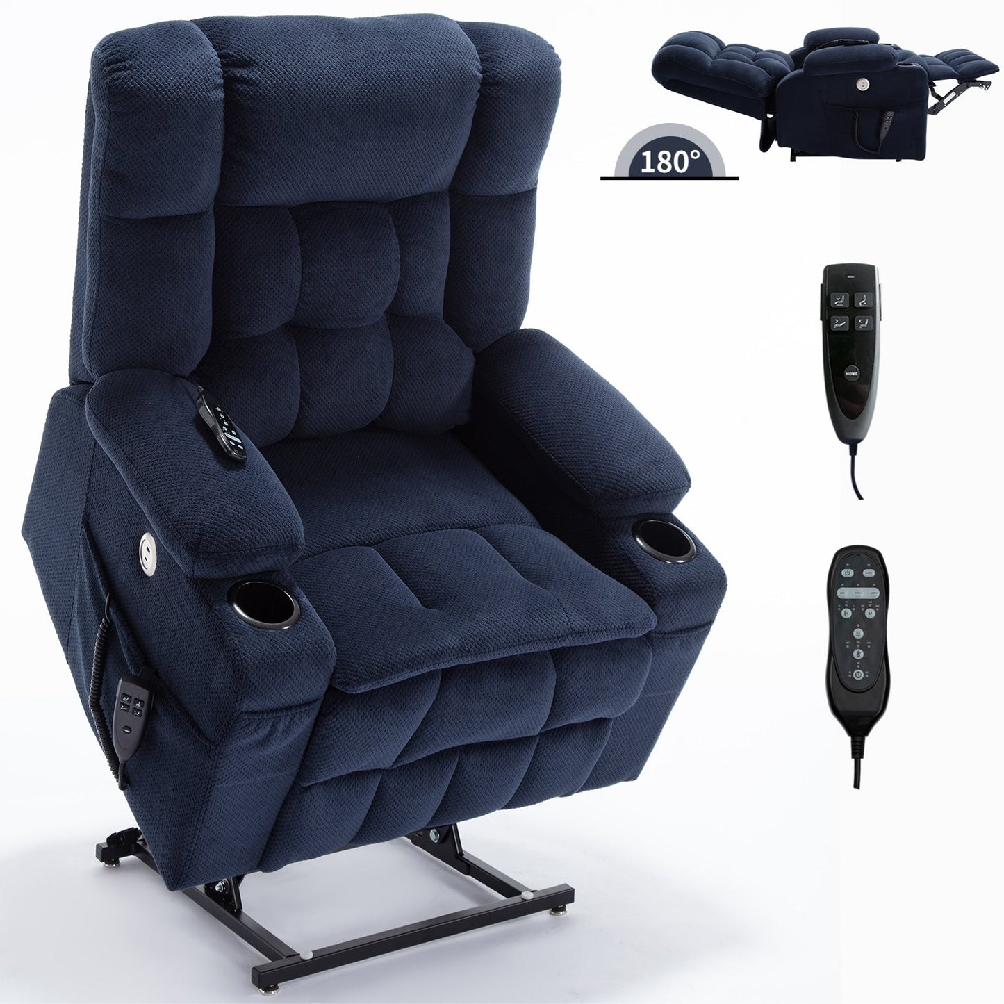 Fauteuil inclinable électrique avec deux moteurs, massage par vibrations à 8 points et chauffage lombaire, deux porte-gobelets et poches latérales
