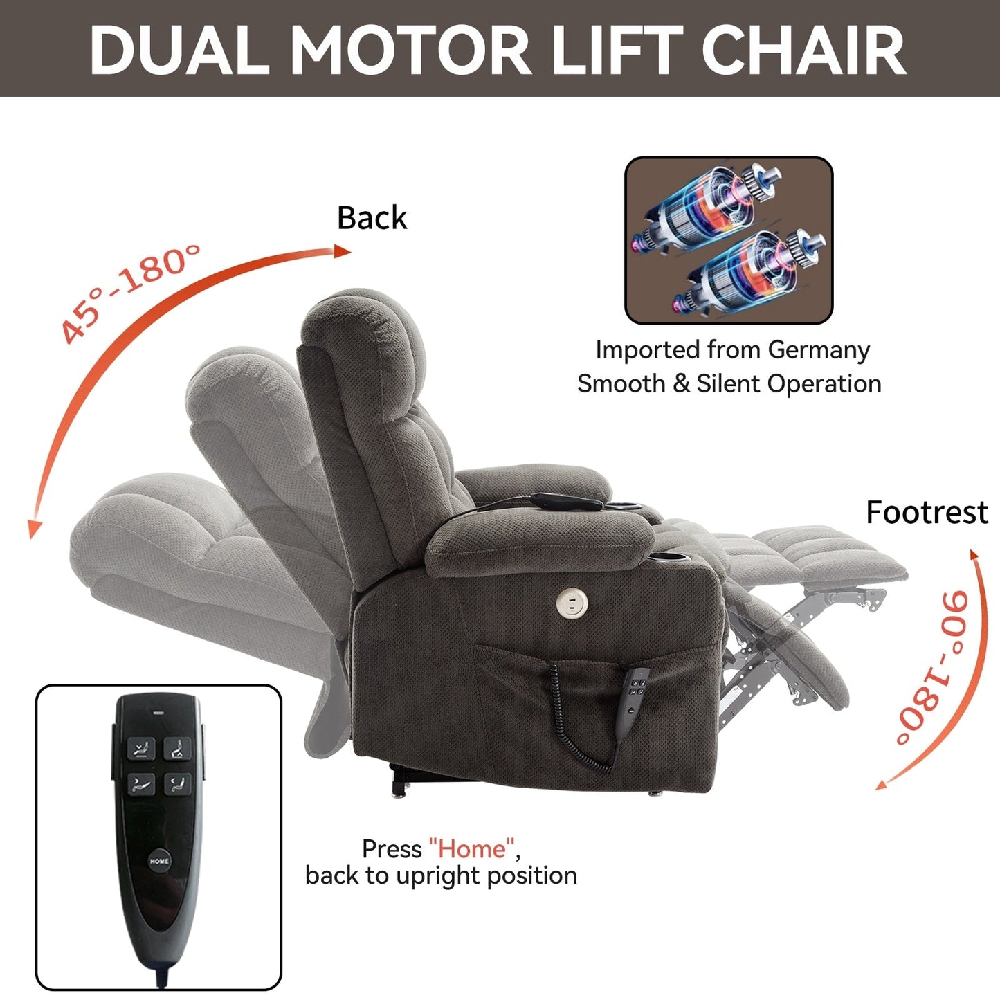 Fauteuil inclinable électrique avec deux moteurs, massage par vibrations à 8 points et chauffage lombaire, deux porte-gobelets et poches latérales