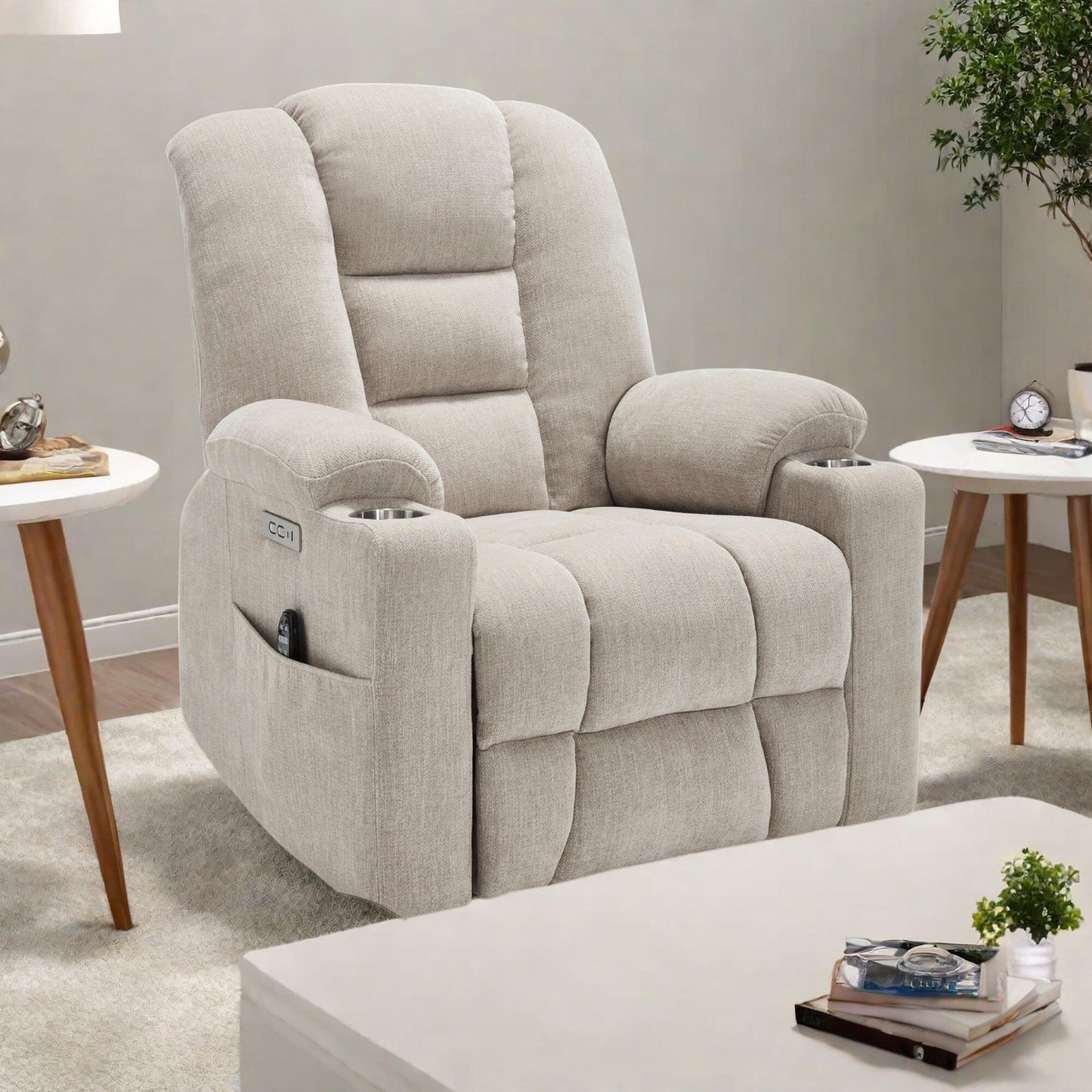 Fauteuil inclinable électrique avec deux ports USB, porte-gobelets, tissu chenille, inclinaison à 155°, montage facile