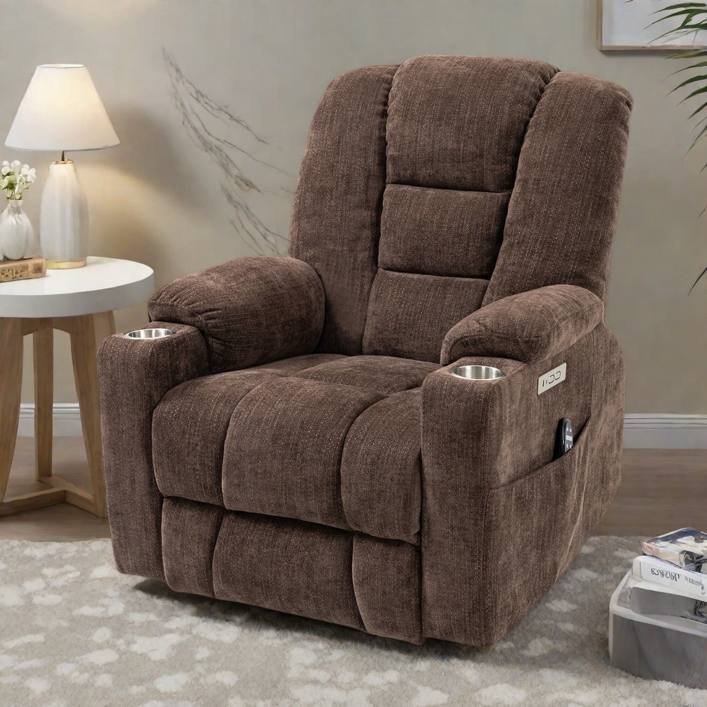 Fauteuil inclinable électrique avec deux ports USB, porte-gobelets, tissu chenille, inclinaison à 155°, montage facile