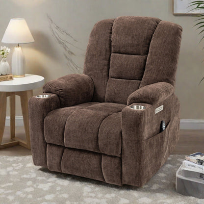Fauteuil inclinable électrique avec deux ports USB, porte-gobelets, tissu chenille, inclinaison à 155°, montage facile