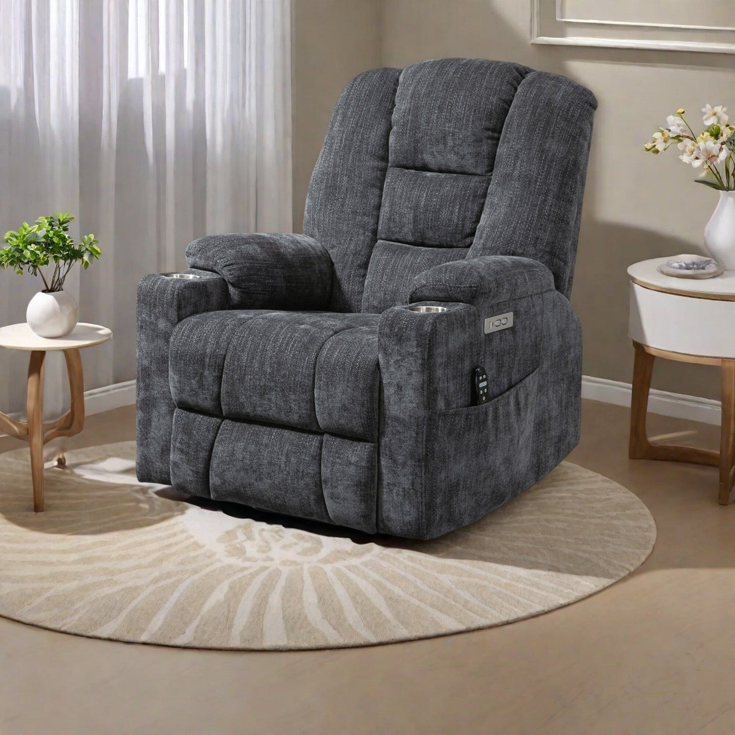 Fauteuil inclinable électrique avec deux ports USB, porte-gobelets, tissu chenille, inclinaison à 155°, montage facile