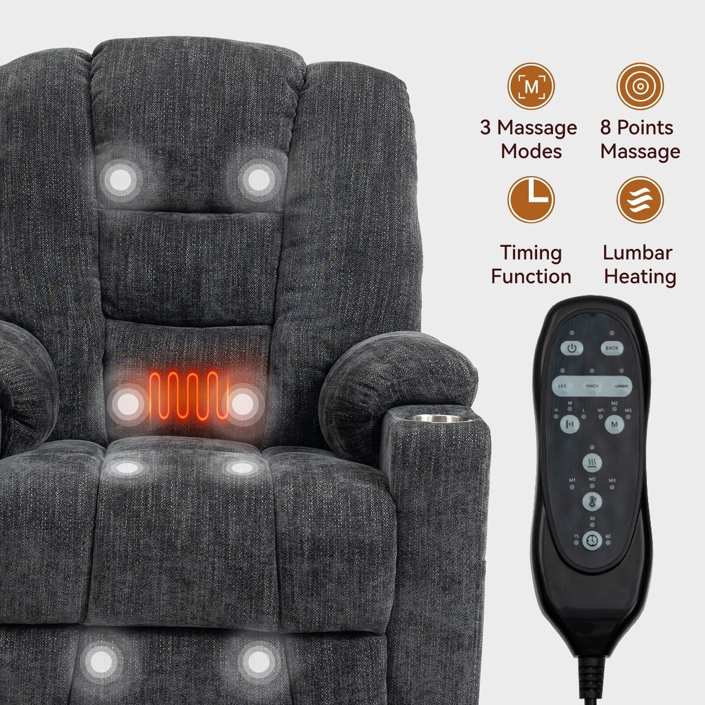 Fauteuil inclinable électrique avec deux ports USB, porte-gobelets, tissu chenille, inclinaison à 155°, montage facile
