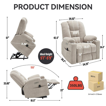 Fauteuil inclinable électrique avec double port USB, porte-gobelets et tissu chenille