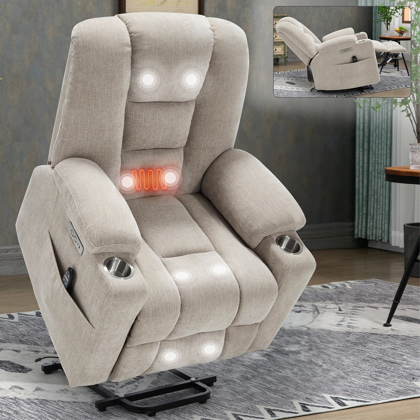 Fauteuil inclinable électrique avec double port USB, porte-gobelets et tissu chenille