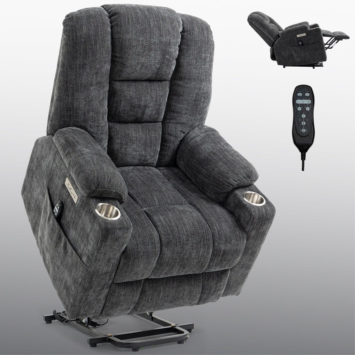 Fauteuil inclinable électrique avec double port USB, porte-gobelets et tissu chenille