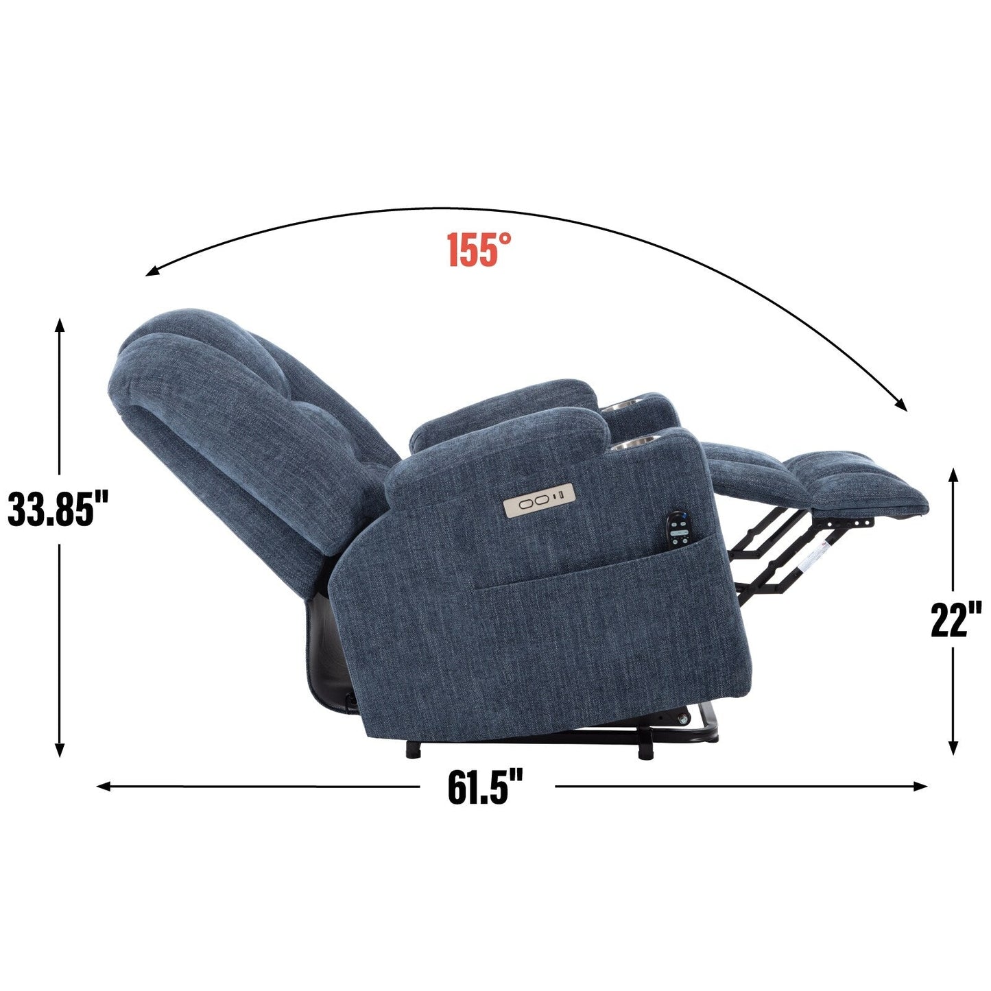 Fauteuil inclinable électrique avec double port USB, porte-gobelets et tissu chenille