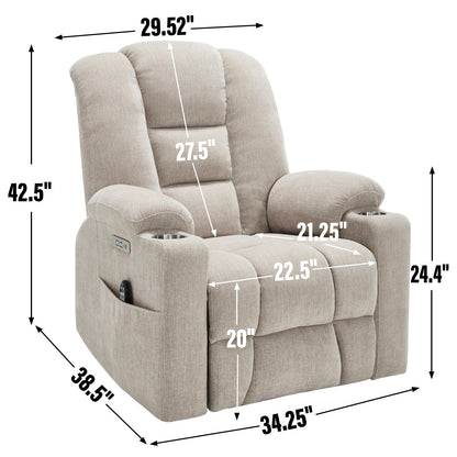 Fauteuil inclinable électrique avec double port USB, porte-gobelets et tissu chenille
