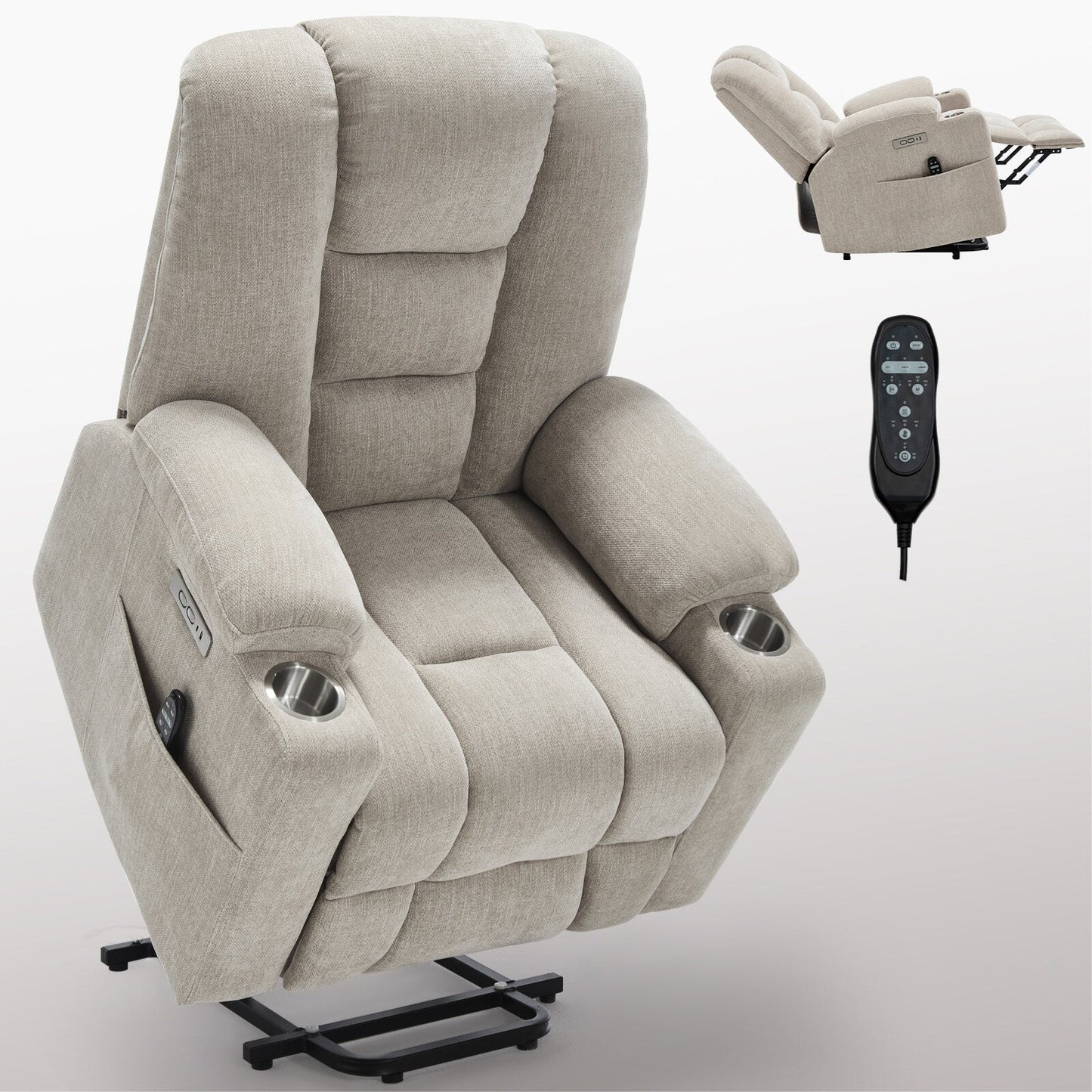 Fauteuil inclinable électrique avec double port USB, porte-gobelets et tissu chenille
