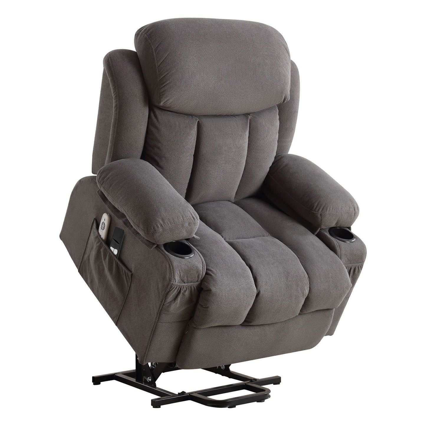 Fauteuil inclinable électrique en tissu avec chauffage et massage, poche latérale, port de charge USB et télécommande.