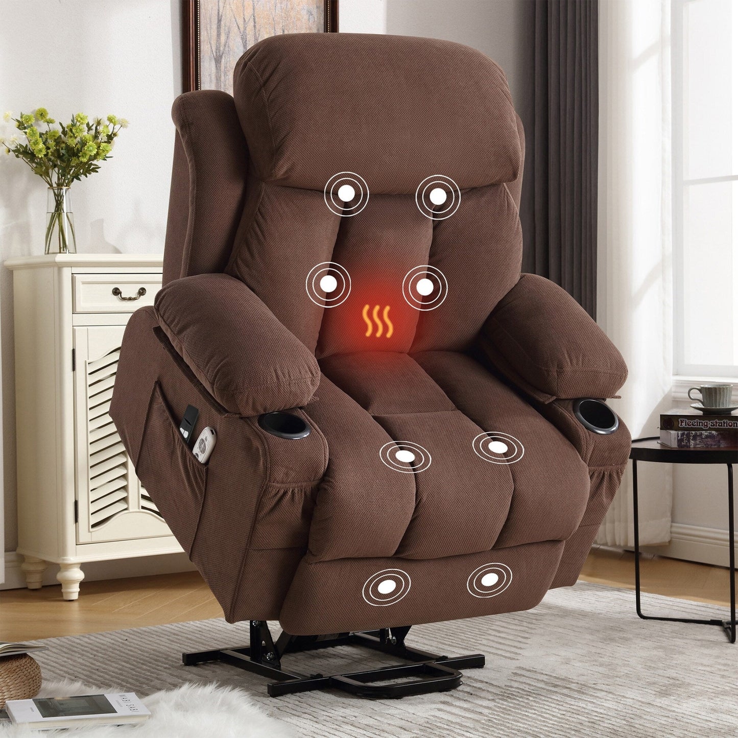 Fauteuil inclinable électrique en tissu avec chauffage et massage, poche latérale, port de charge USB et télécommande.