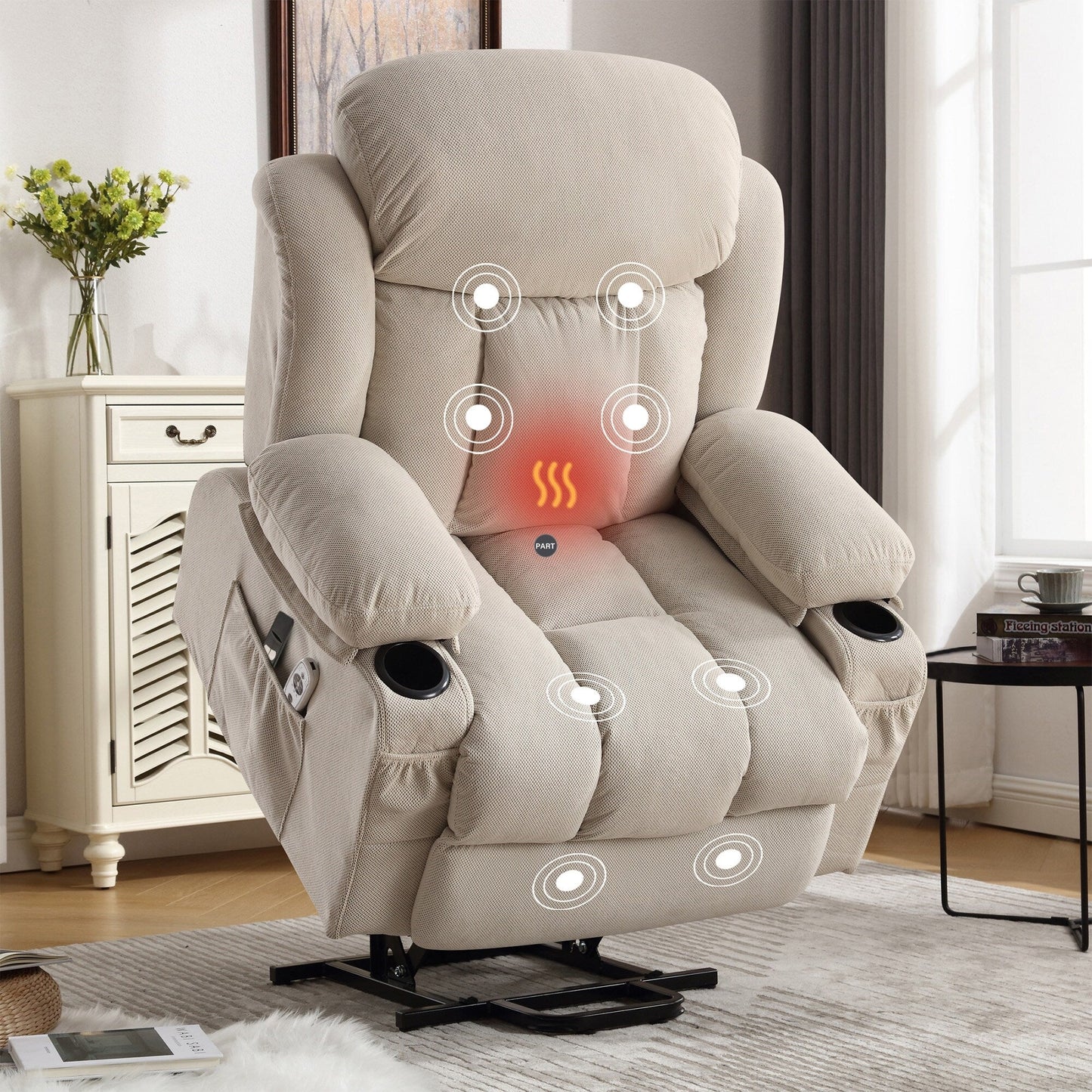 Fauteuil inclinable électrique avec chauffage et massage, poche latérale, port de charge USB et télécommande.