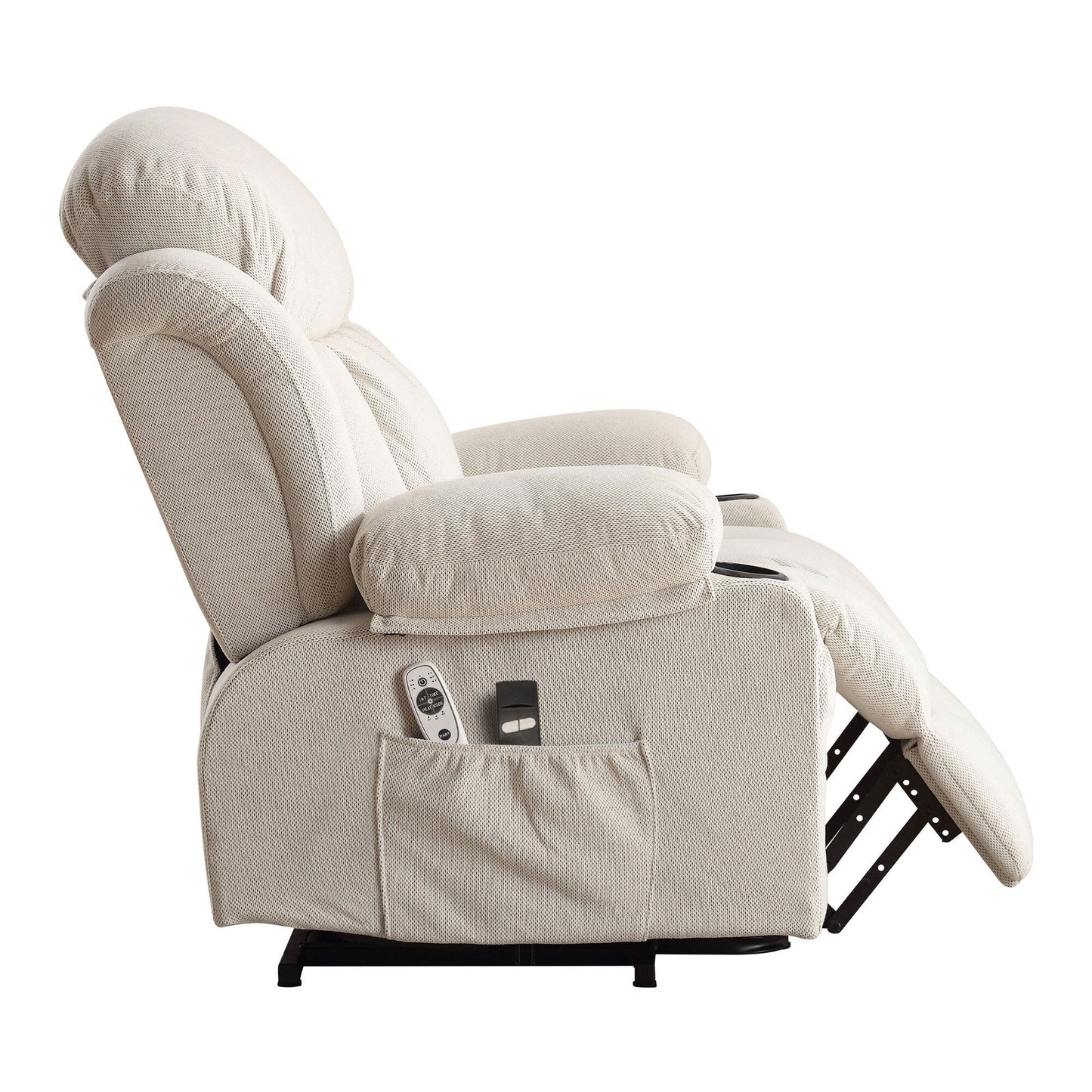 Fauteuil inclinable électrique avec chauffage et massage, poche latérale, port de charge USB et télécommande.