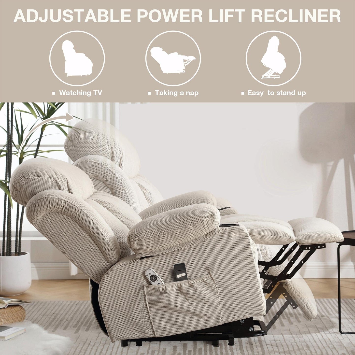Fauteuil inclinable électrique en tissu avec chauffage et massage
