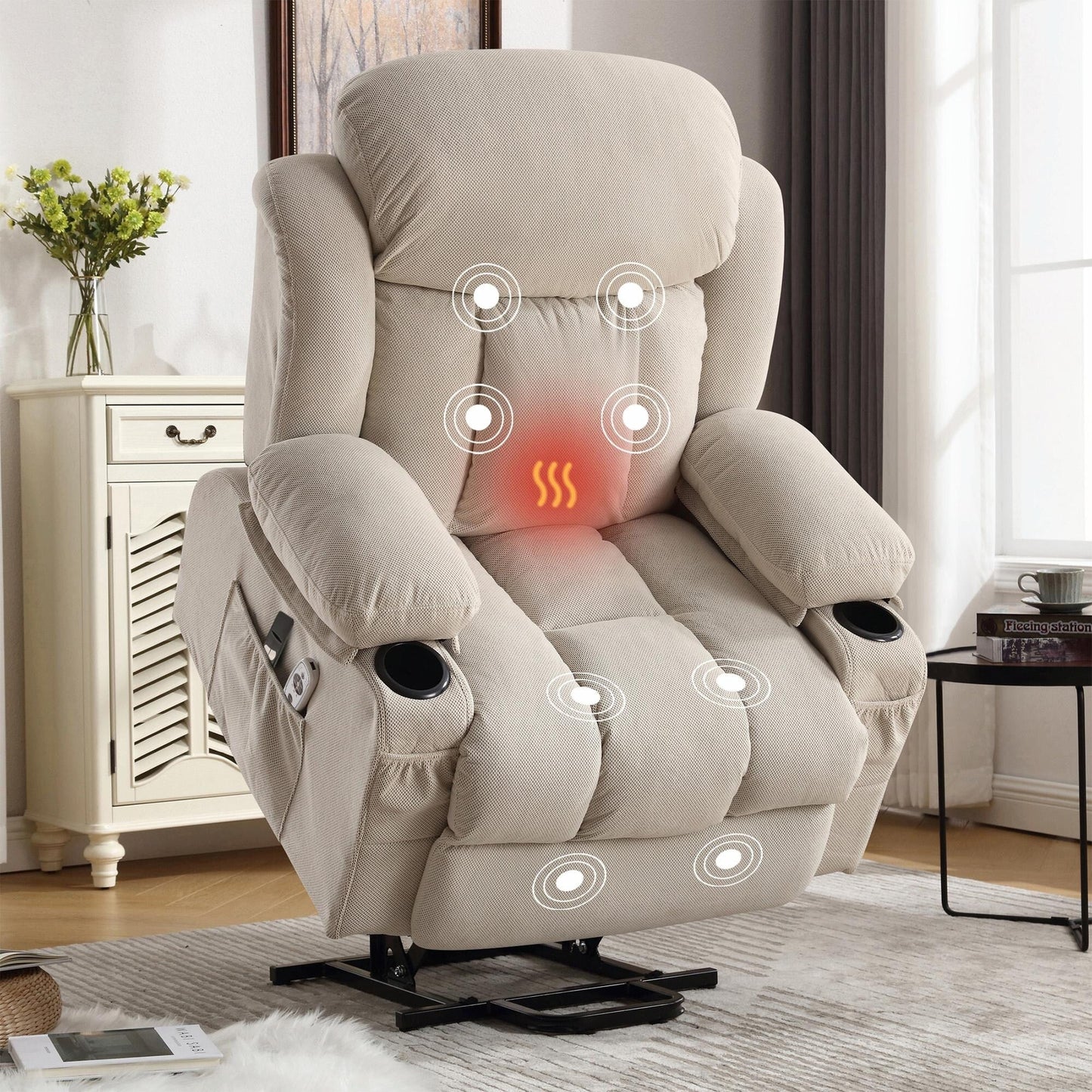 Fauteuil inclinable électrique en tissu avec chauffage et massage
