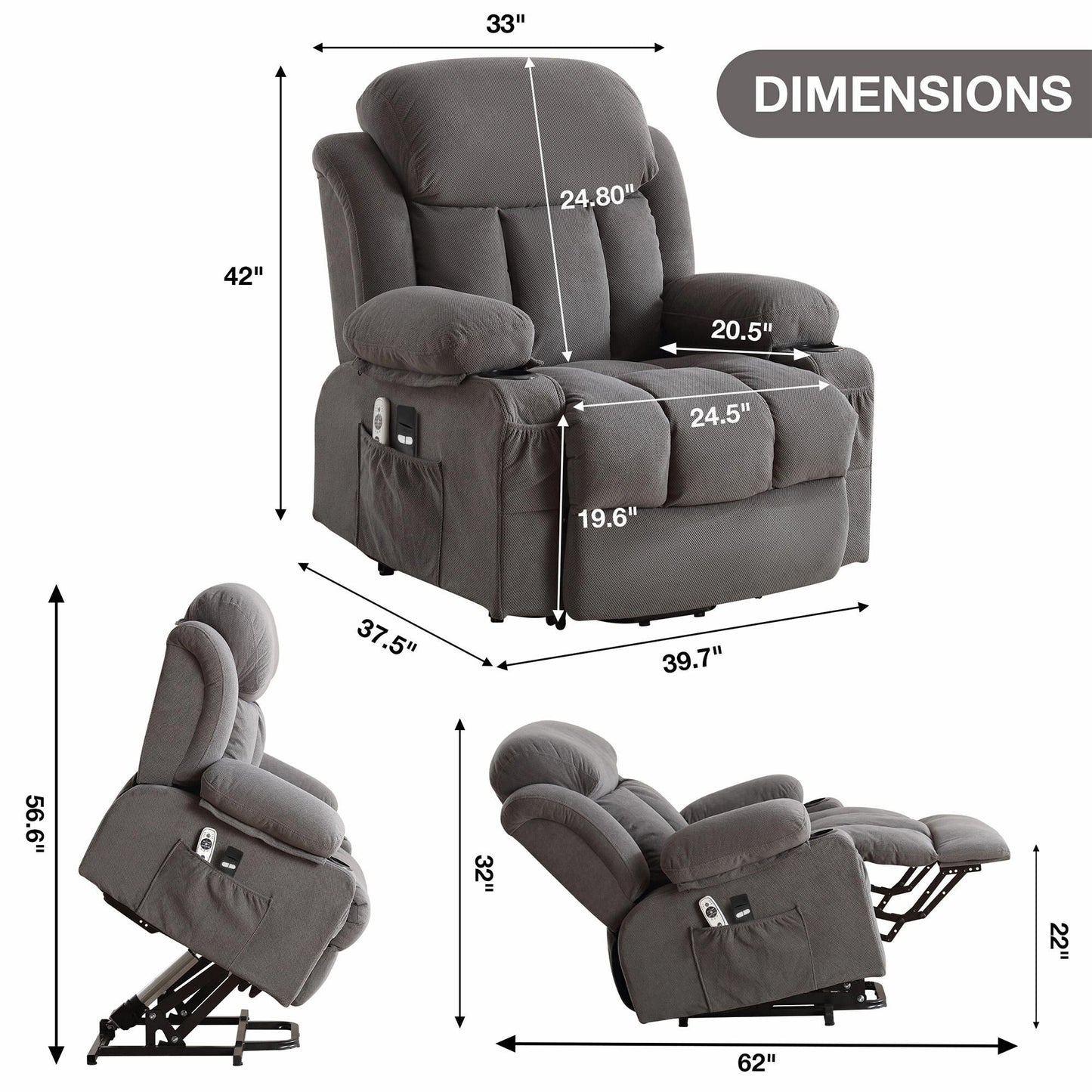 Fauteuil inclinable électrique en tissu avec chauffage et massage