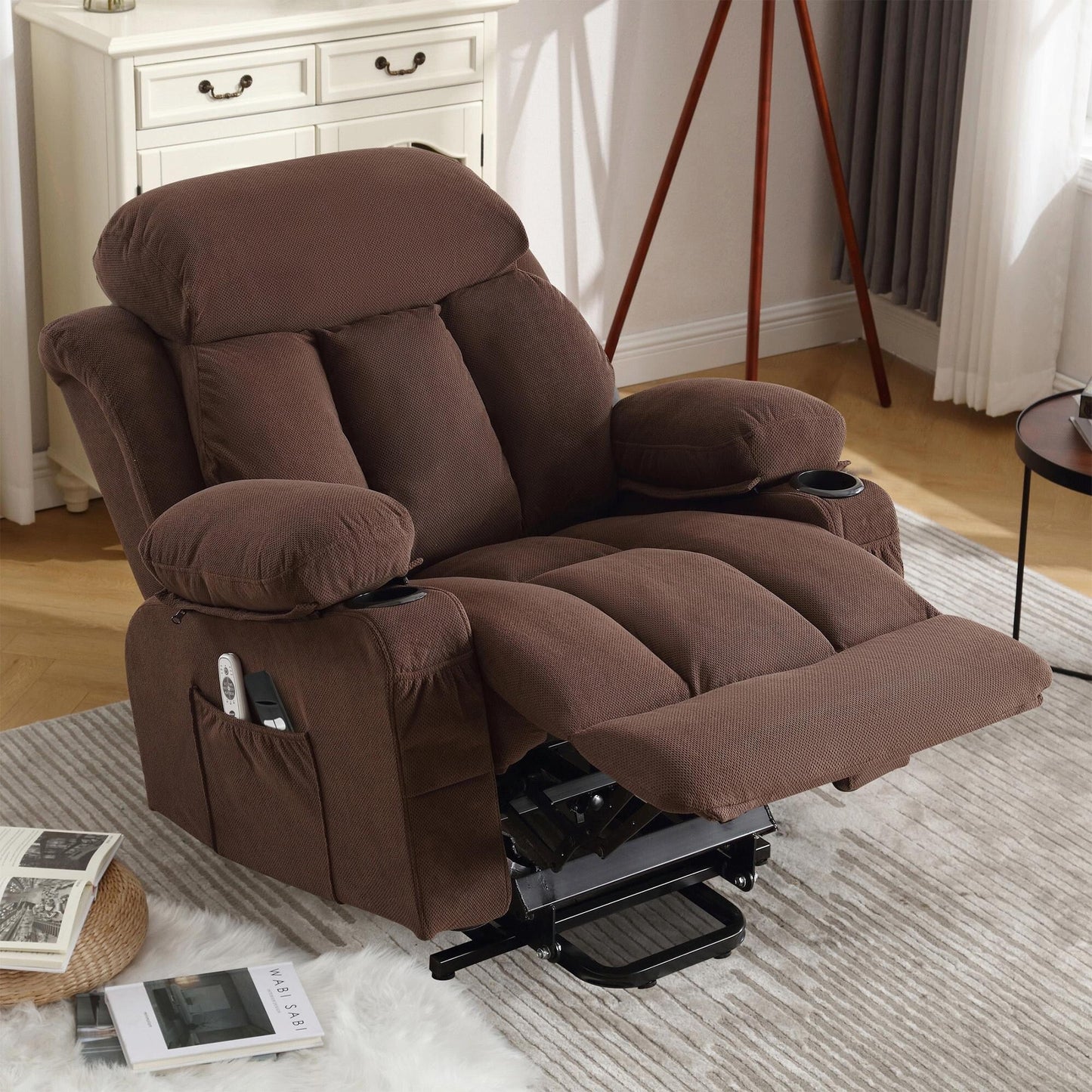 Fauteuil inclinable électrique en tissu avec chauffage et massage