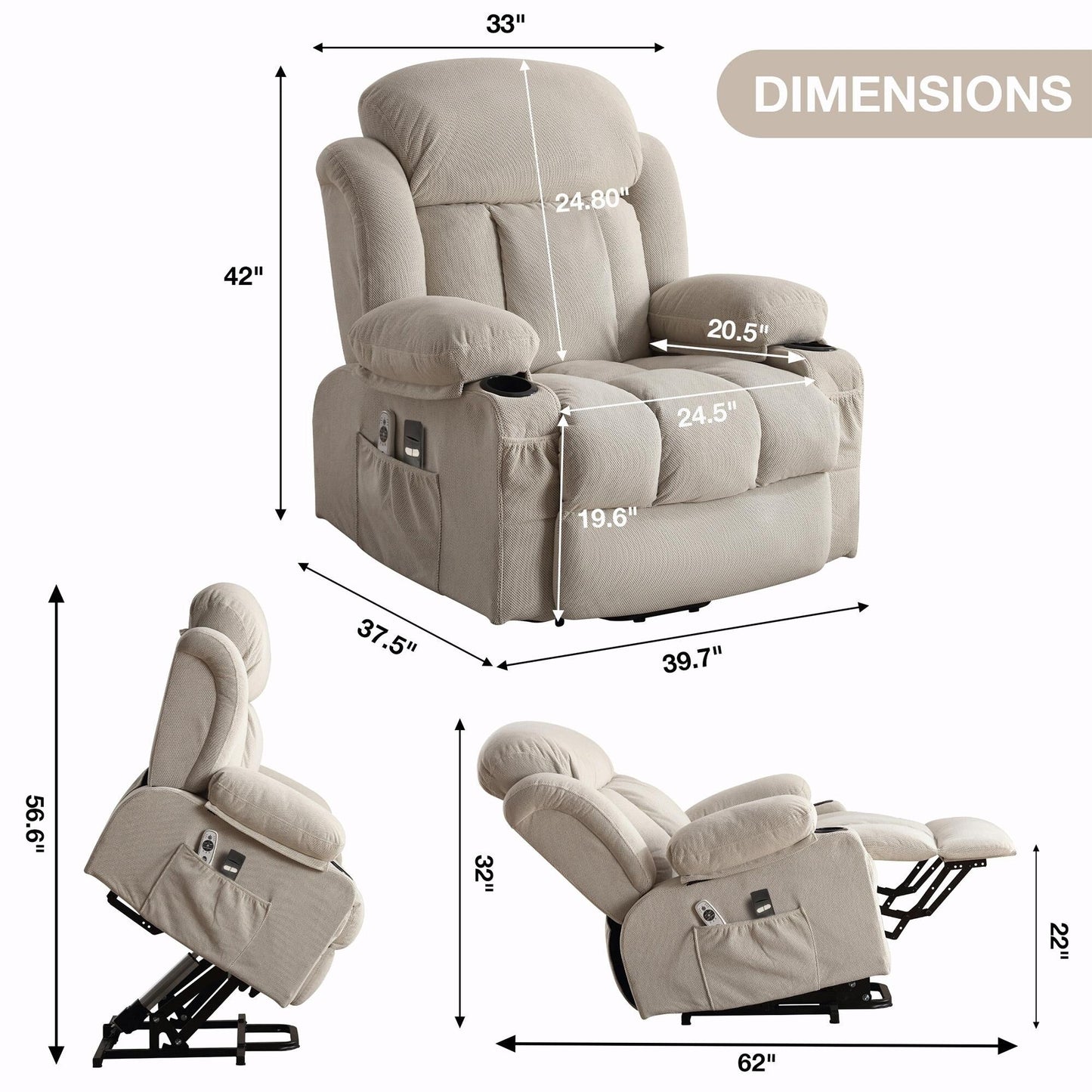 Fauteuil inclinable électrique en tissu avec chauffage et massage