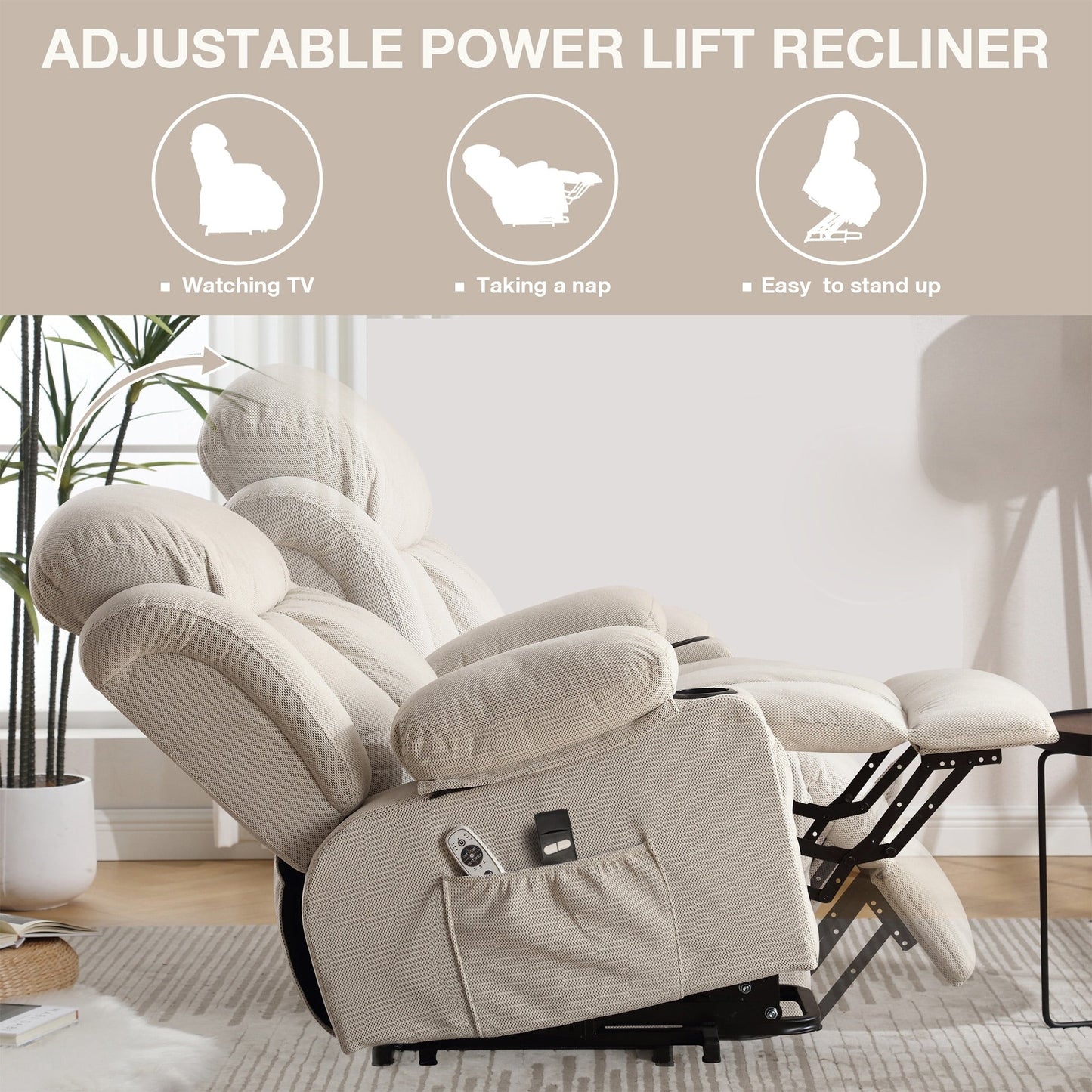 Fauteuil inclinable électrique avec chauffage et massage, poche latérale, port de charge USB et télécommande
