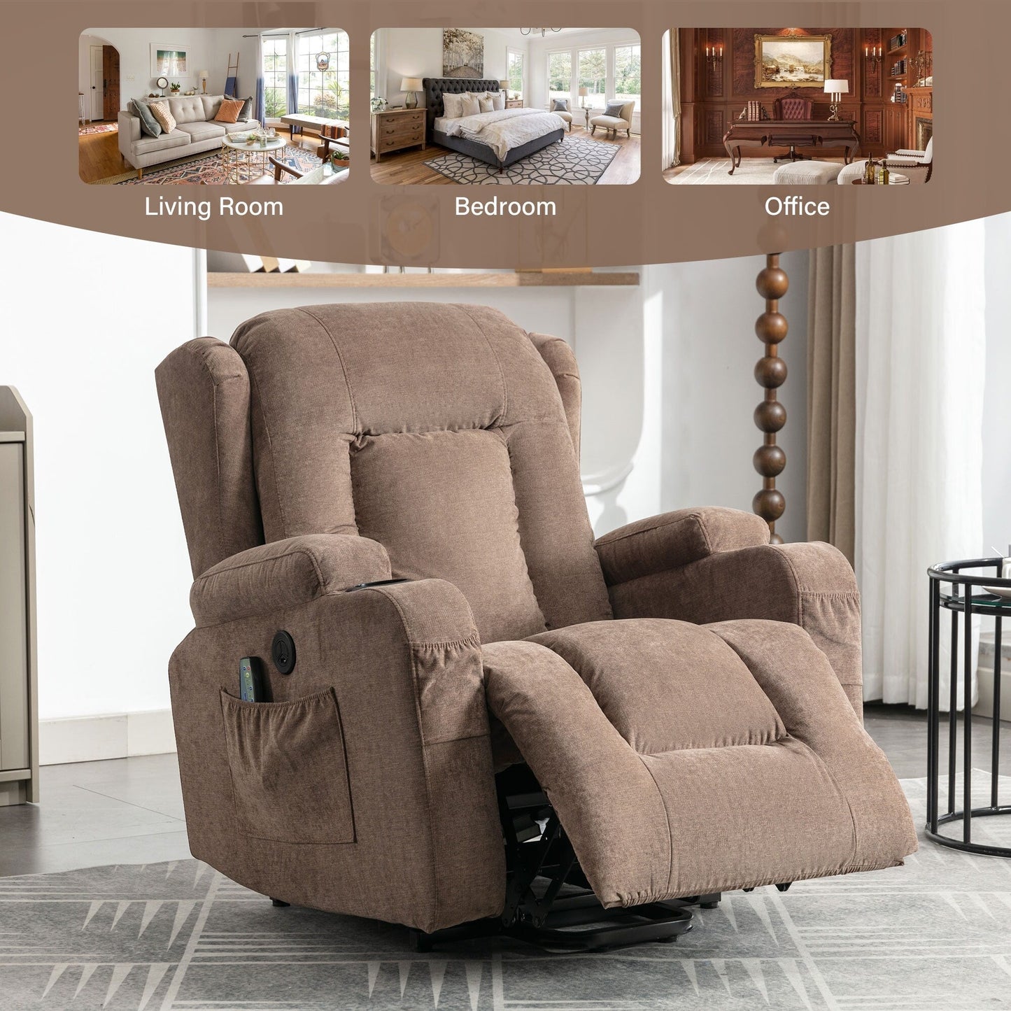 Fauteuil inclinable électrique avec chauffage, massage, port USB et poche latérale pour personnes âgées, inclinable et réglable pour le salon