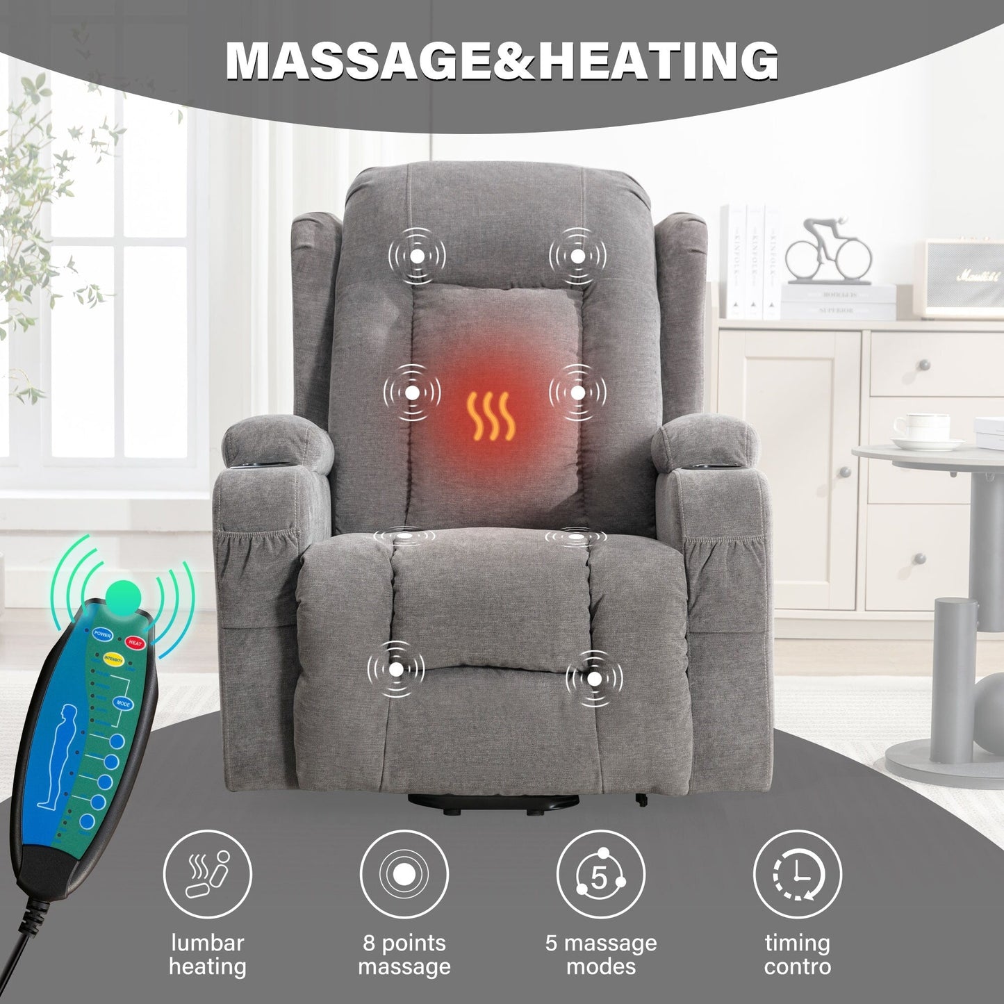Fauteuil inclinable électrique avec chauffage, massage, port USB et poche latérale pour personnes âgées, inclinable et réglable pour le salon