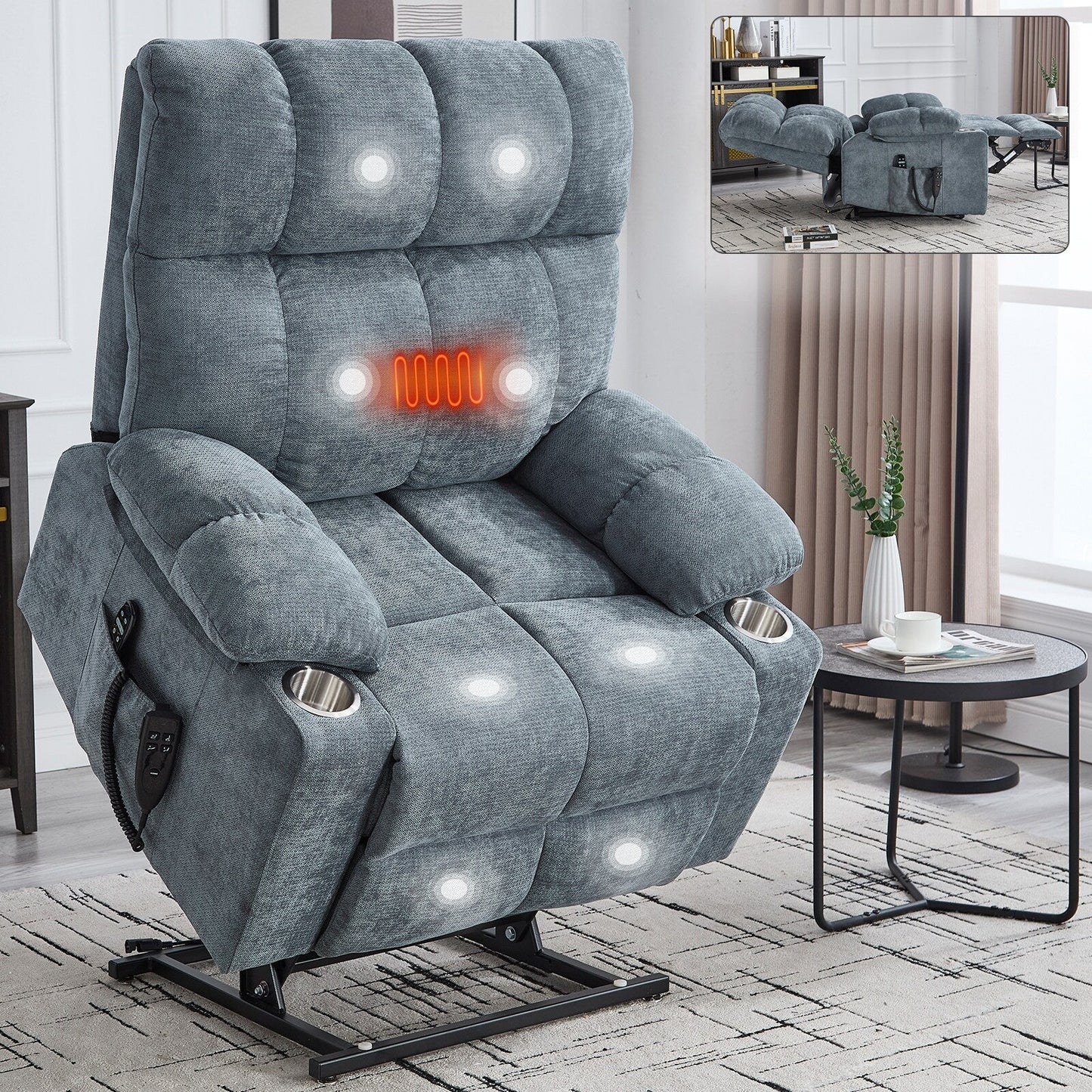 Fauteuil inclinable électrique avec massage chauffant – Capacité de 158 kg, double moteur, vibration à 8 points, chauffage lombaire, porte-gobelets