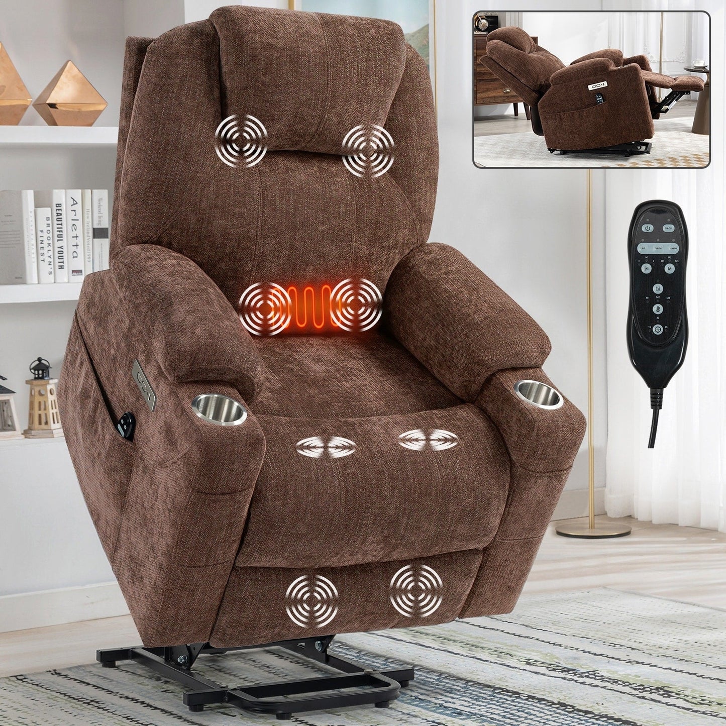 Fauteuil inclinable releveur électrique avec massage et chauffage, USB, Type-C, porte-gobelets