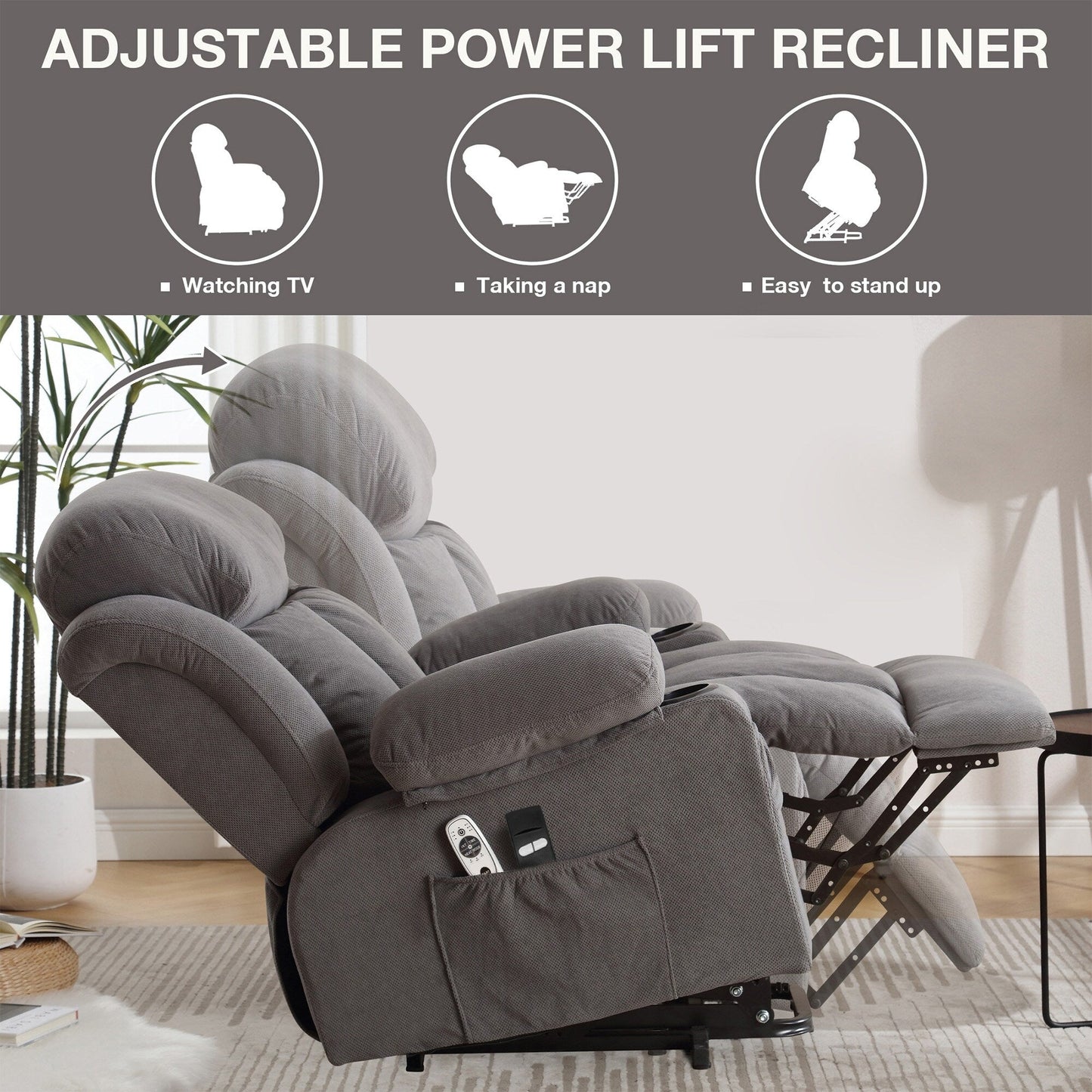 Fauteuil releveur électrique inclinable avec massage et chauffage, canapé releveur électrique avec télécommande et port USB