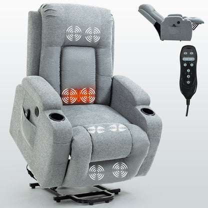 Fauteuil inclinable électrique avec massage, chauffage, port USB, soutien lombaire, deux porte-gobelets et poches latérales