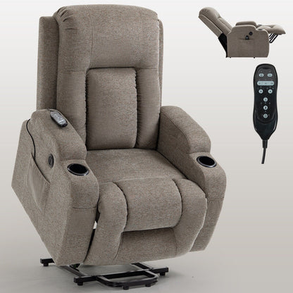 Fauteuil inclinable électrique avec massage, chauffage, port USB, soutien lombaire, deux porte-gobelets et poches latérales