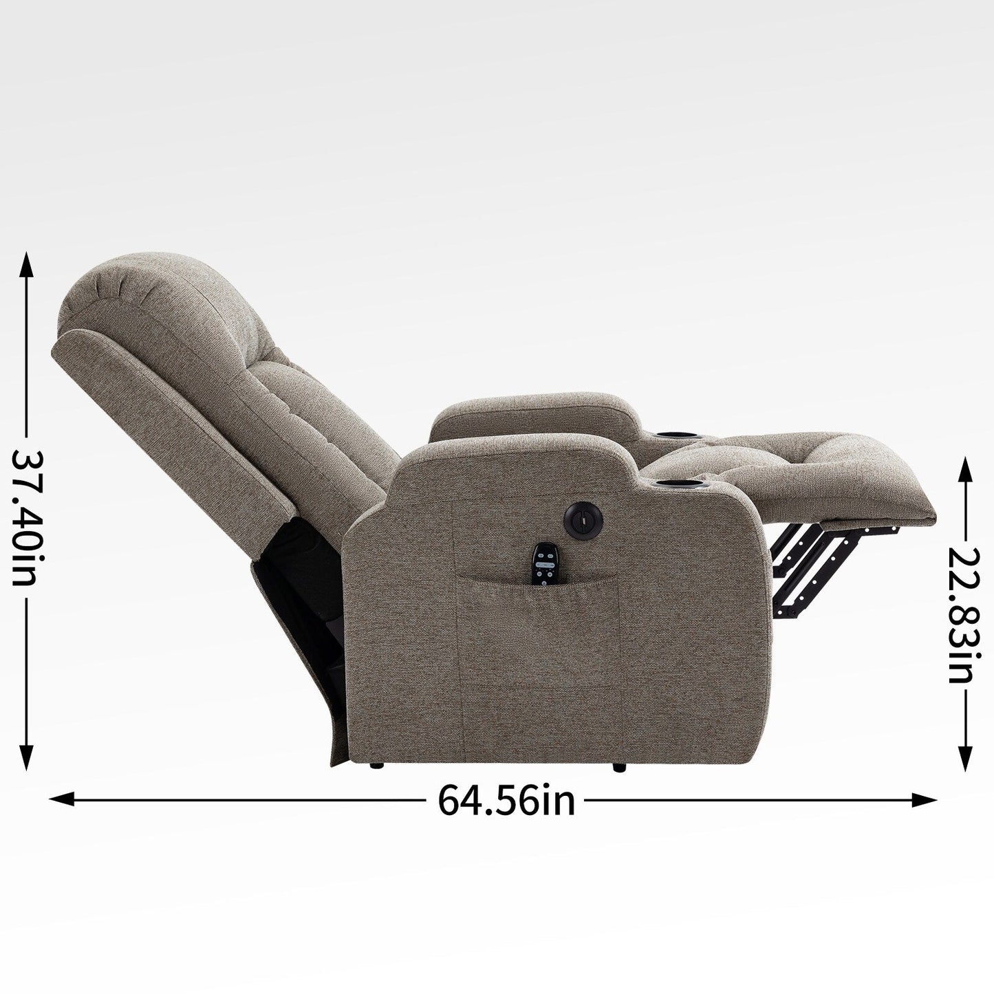 Fauteuil inclinable électrique avec massage, chauffage, port USB, soutien lombaire, deux porte-gobelets et poches latérales
