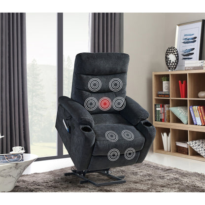 Fauteuil inclinable électrique avec massage, chauffage, port USB, poches latérales, porte-gobelets et dossier réglable, idéal pour les personnes âgées