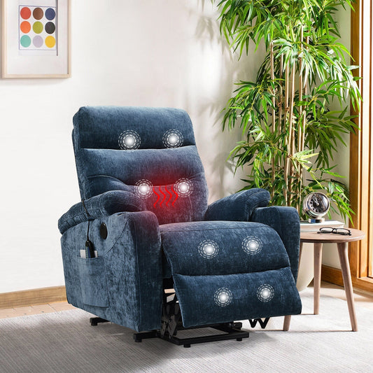 Fauteuil inclinable électrique avec massage, chauffage, port USB, poches latérales, porte-gobelets et dossier réglable, idéal pour les personnes âgées