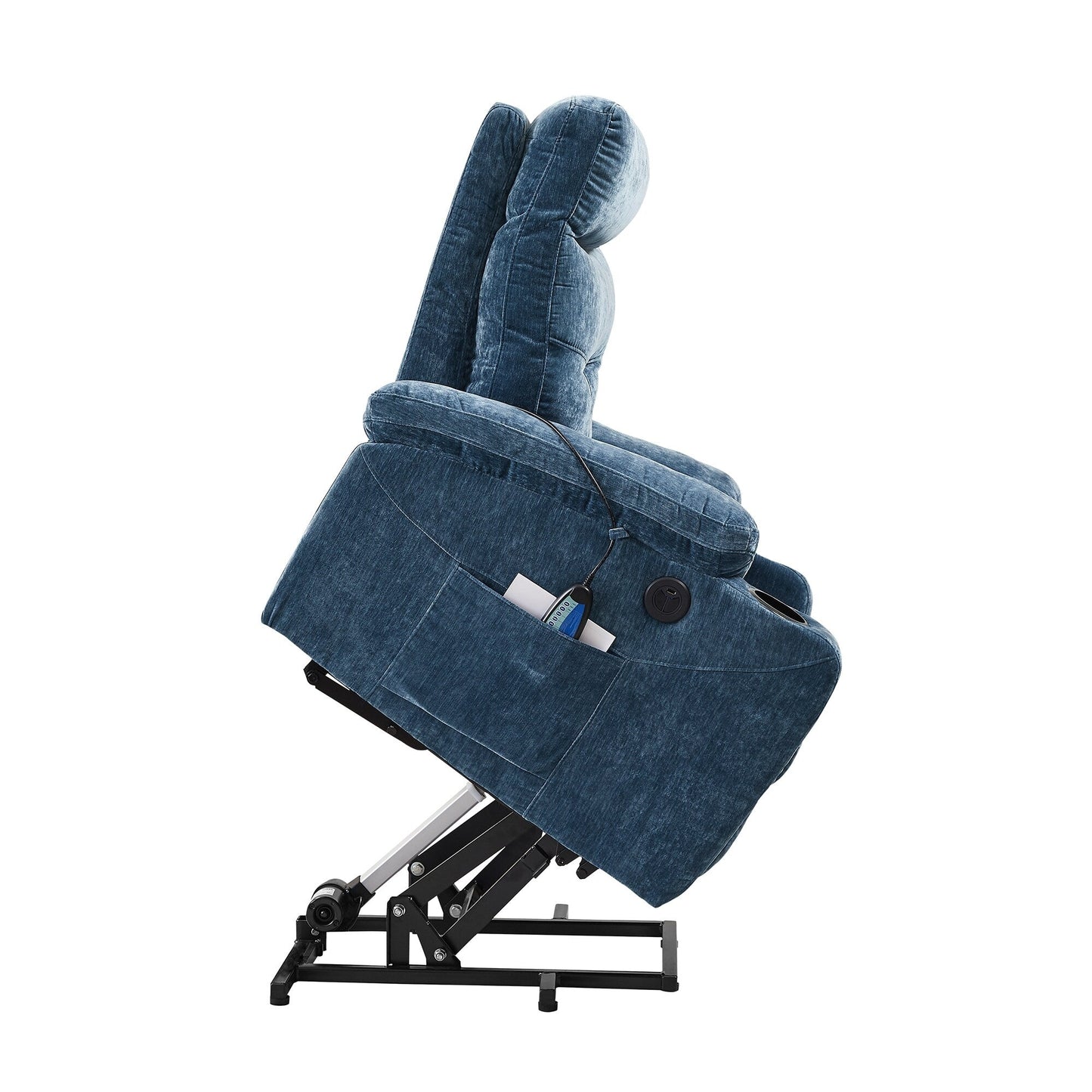 Fauteuil inclinable électrique avec massage, chauffage, port USB, poches latérales, porte-gobelets et dossier réglable, idéal pour les personnes âgées