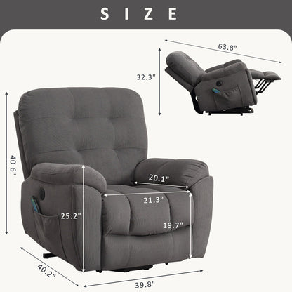 Fauteuil inclinable électrique avec massage, chauffage, port USB, porte-gobelets dissimulés, positions réglables et poches latérales