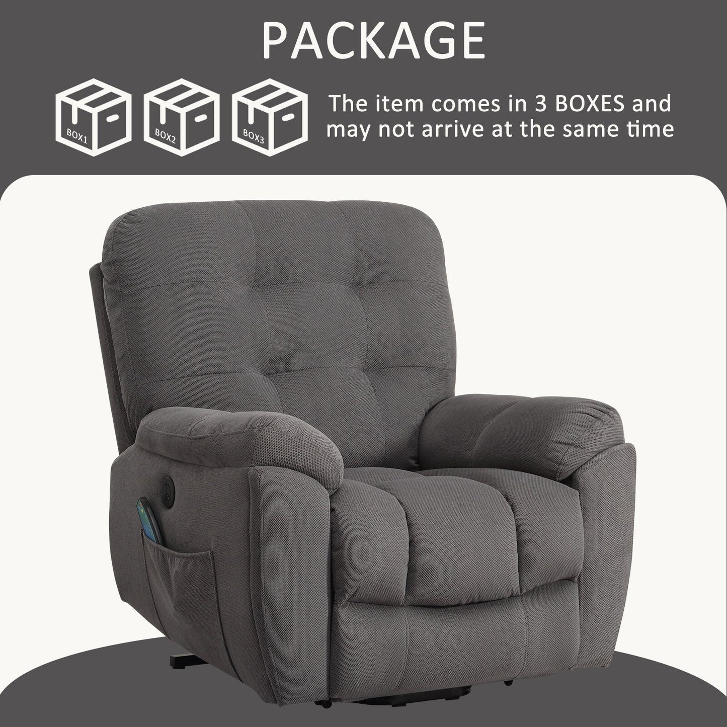 Fauteuil inclinable électrique avec massage, chauffage, port USB, porte-gobelets dissimulés, positions réglables et poches latérales