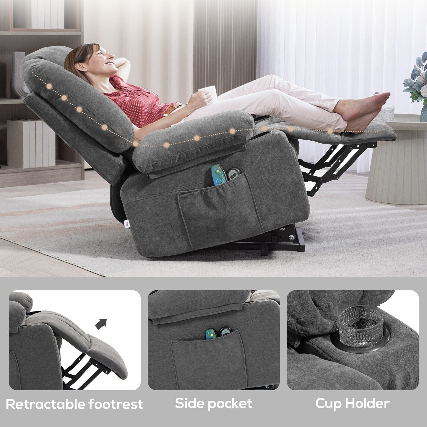Fauteuil inclinable électrique avec massage, chauffage lombaire, porte-gobelets et inclinaison réglable à 135°