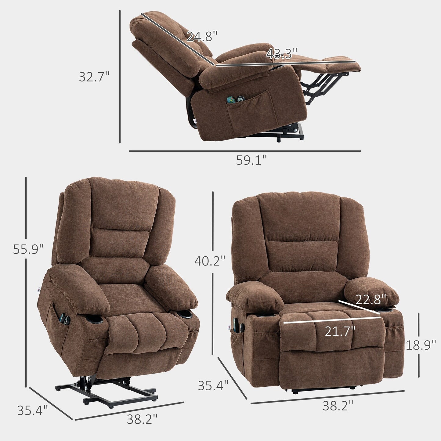 Fauteuil inclinable électrique avec massage, chauffage lombaire, porte-gobelets et inclinaison réglable à 135°