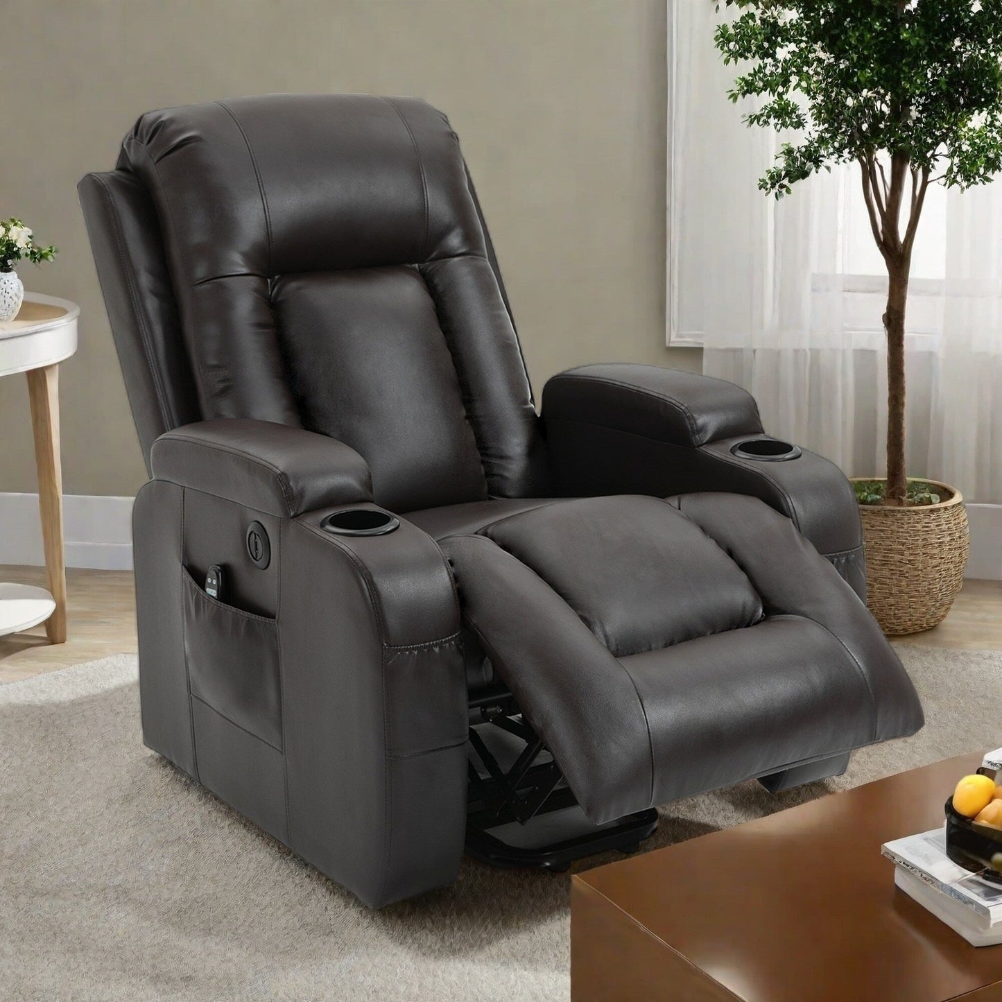 Fauteuil inclinable électrique avec massage, chauffage lombaire, port de chargement USB et porte-gobelets