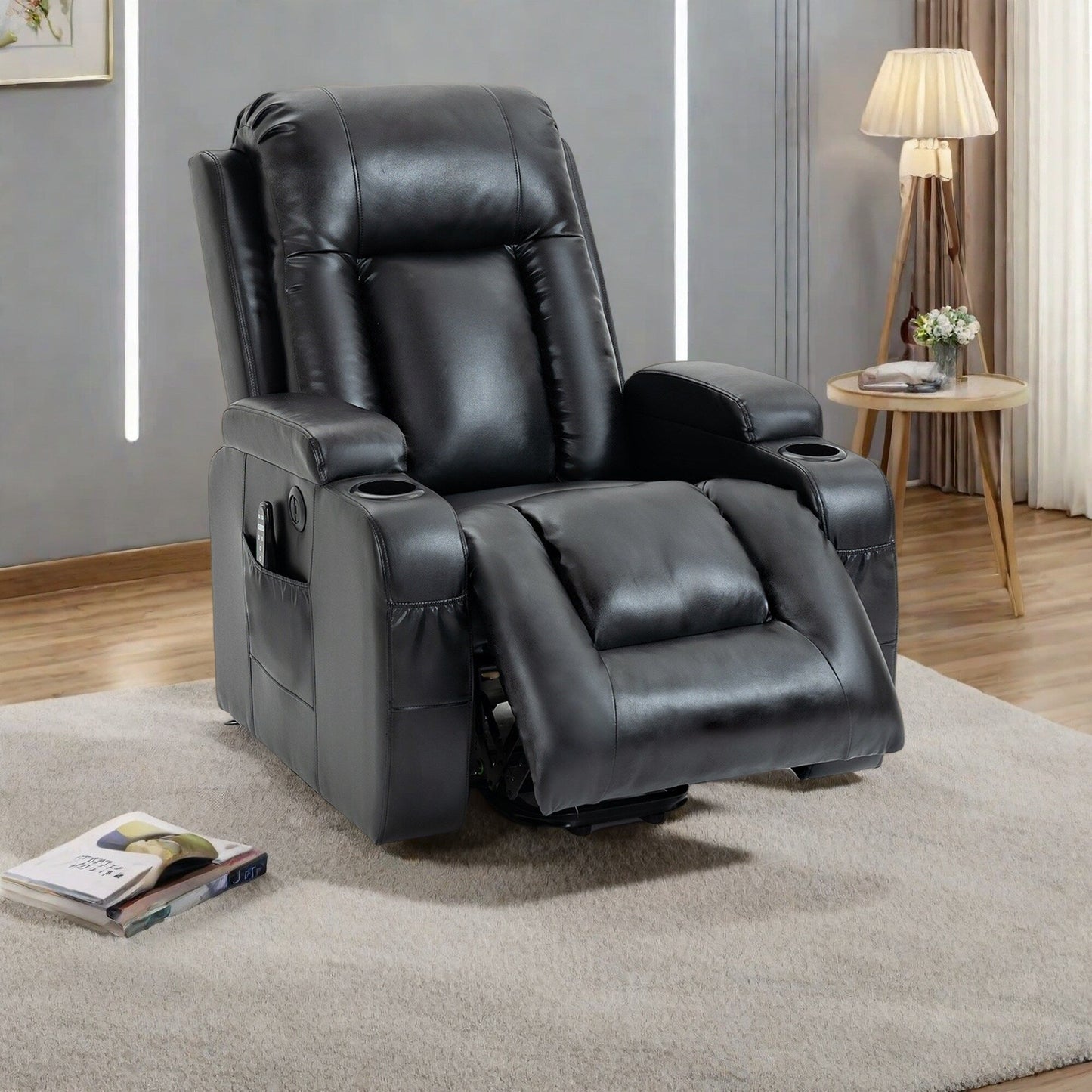 Fauteuil inclinable électrique avec massage, chauffage lombaire, port de chargement USB et porte-gobelets