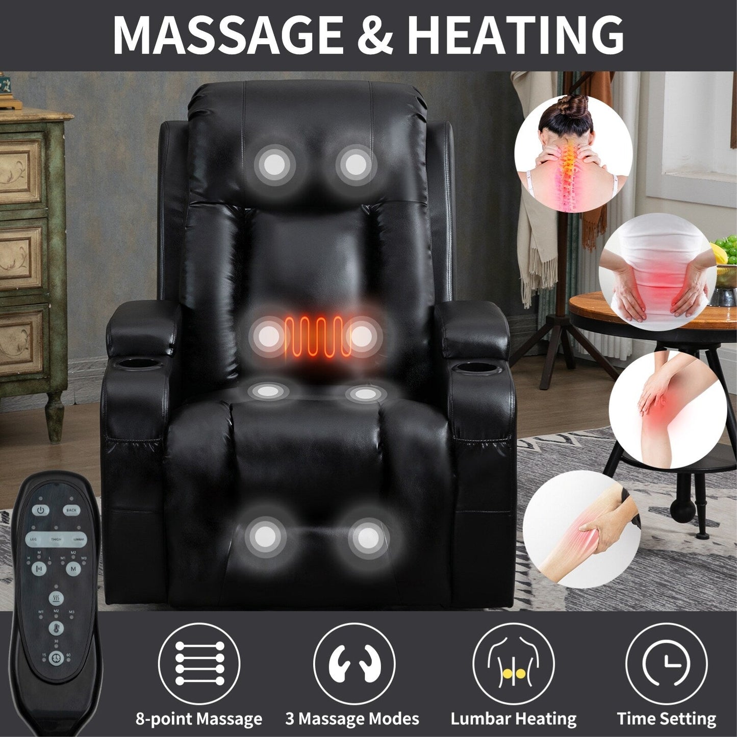Fauteuil inclinable électrique avec massage, chauffage lombaire, port USB et porte-gobelets