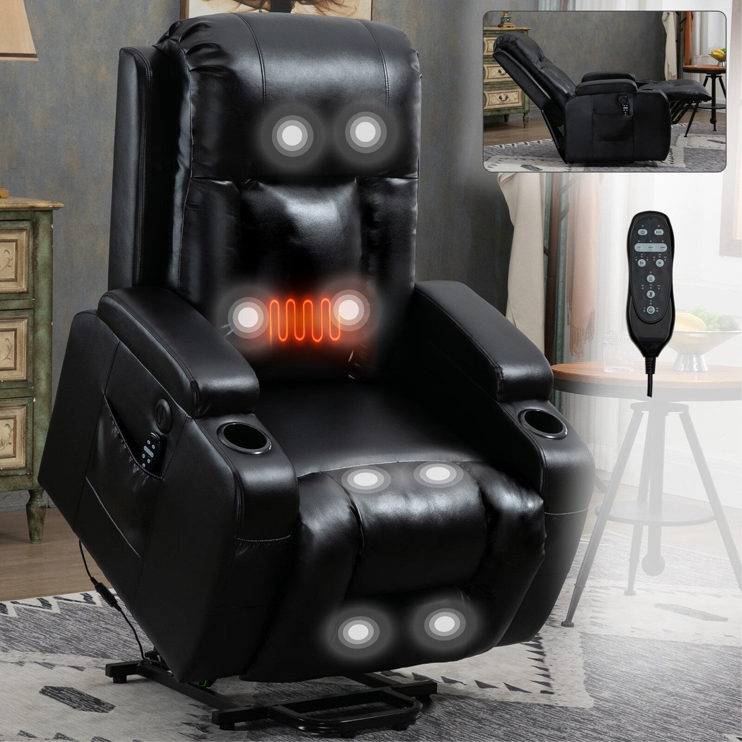 Fauteuil inclinable électrique avec massage, chauffage lombaire, port USB et porte-gobelets