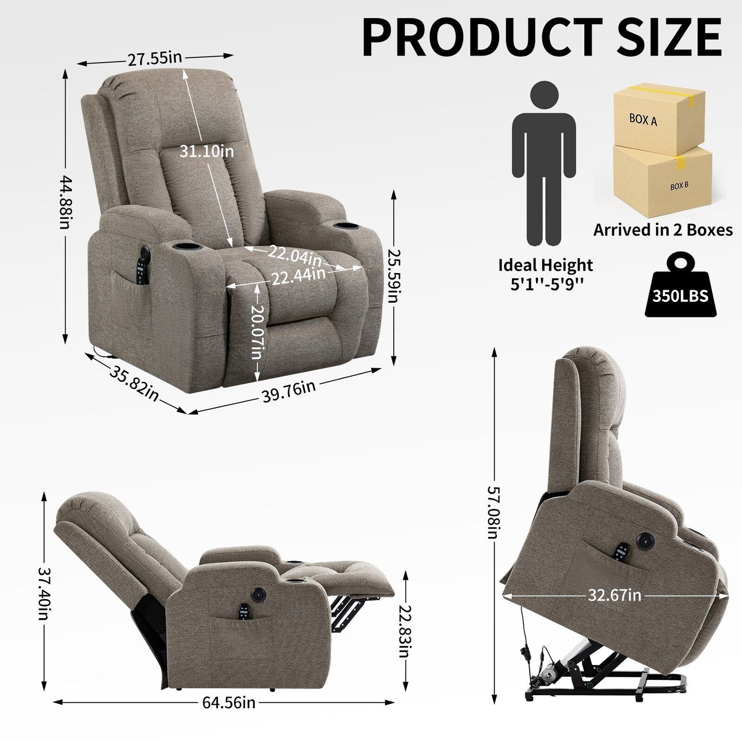 Fauteuil inclinable électrique avec massage, chauffage lombaire, port USB et porte-gobelets