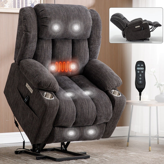 Fauteuil inclinable électrique avec massage, chauffage lombaire, ports USB et Type-C et porte-gobelets en acier inoxydable