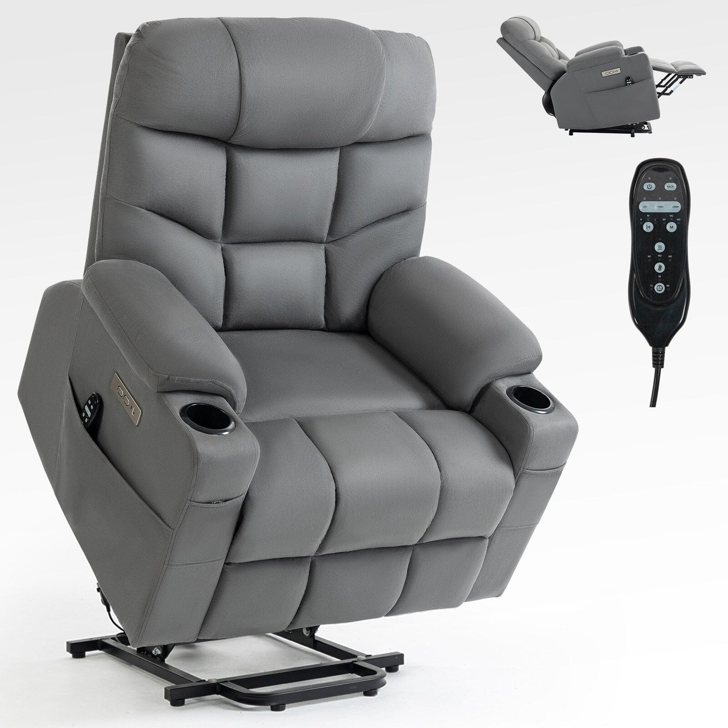 Fauteuil inclinable électrique avec moteur Okin, massage 8 points, chauffage lombaire, ports USB et Type-C, deux porte-gobelets