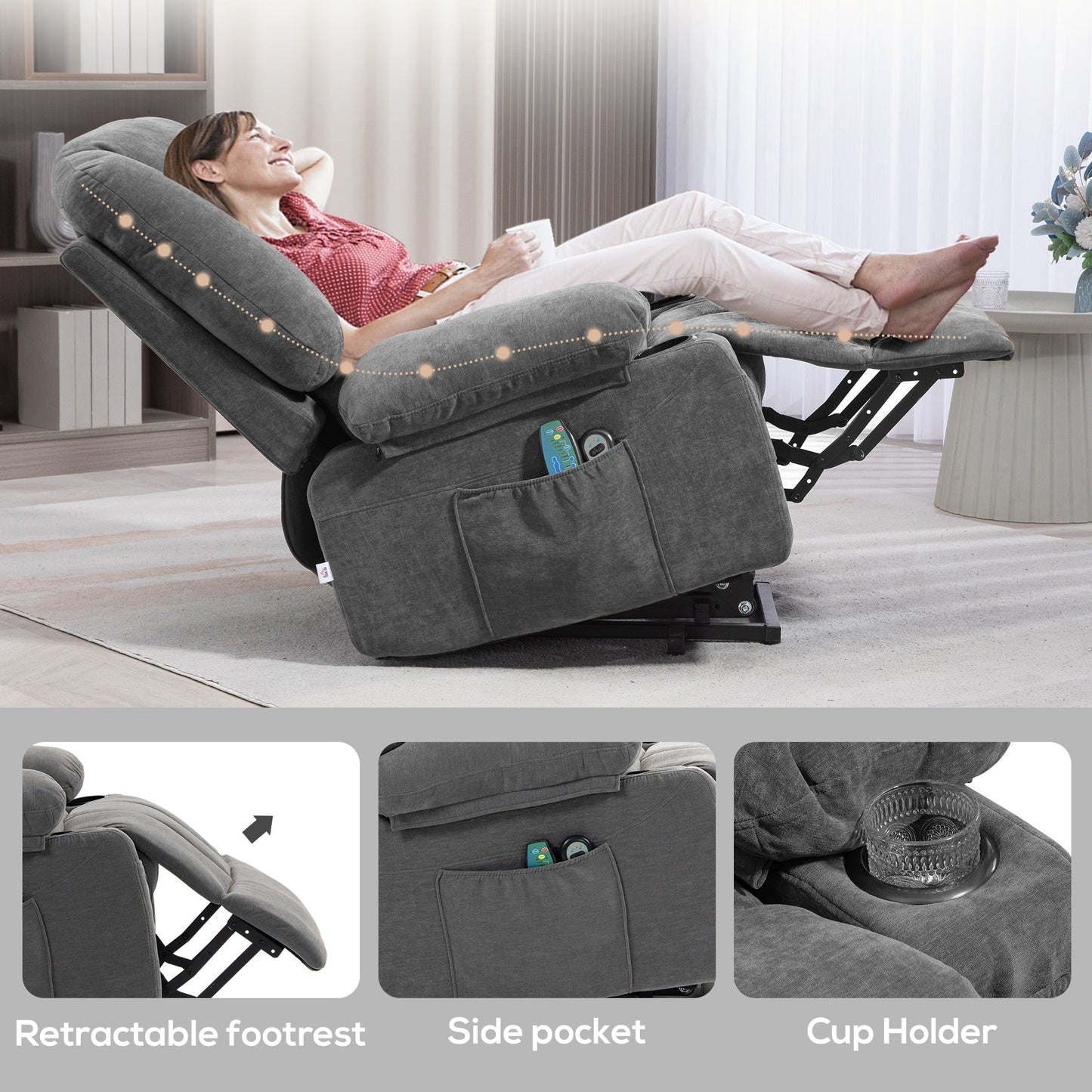 Fauteuil inclinable électrique avec massage par vibrations, chauffage, télécommande, montage rapide et poches latérales