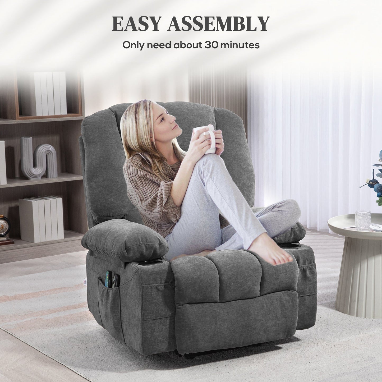 Fauteuil inclinable électrique avec massage par vibrations, chauffage, télécommande, montage rapide et poches latérales