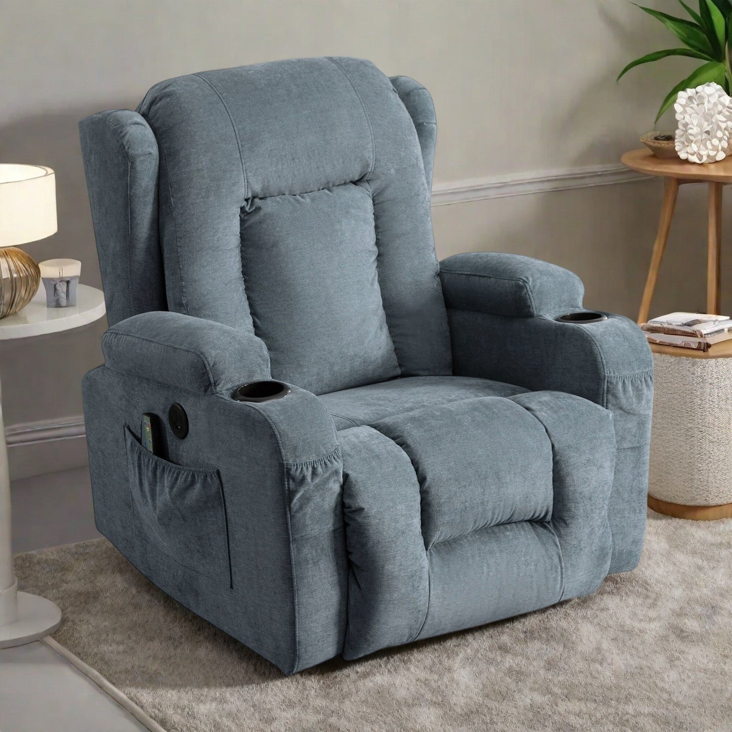 Fauteuil inclinable électrique avec massage par vibration, chauffage, port USB et poches de rangement latérales