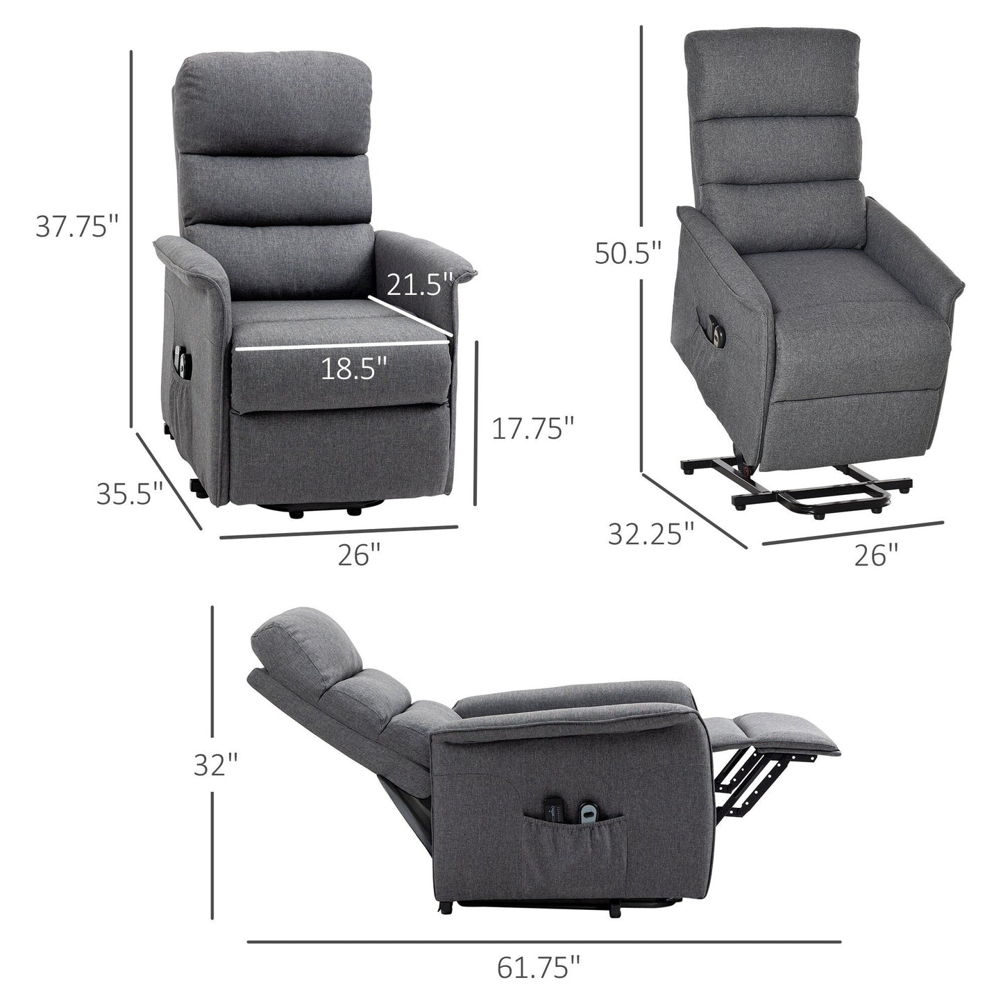 Fauteuil inclinable électrique avec massage par vibration, télécommande, poches latérales, inclinaison réglable et repose-pieds